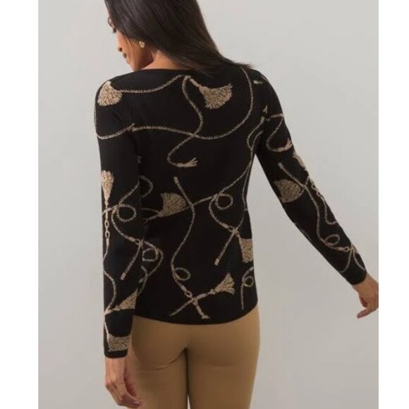 Chico's Black Gold Metallic Rope Design Sweater Bateau Neck Long Sleeves Size M - Picture 5 of 11